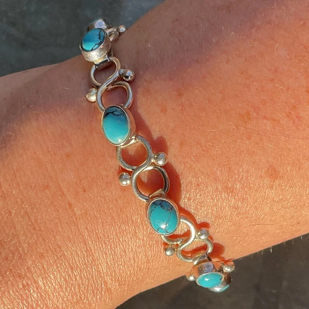 Gorgeous Mexican 925 Sterling Silver Turquoise Oval Link Chain Bracelet 7.5in - Picture 3 of 9